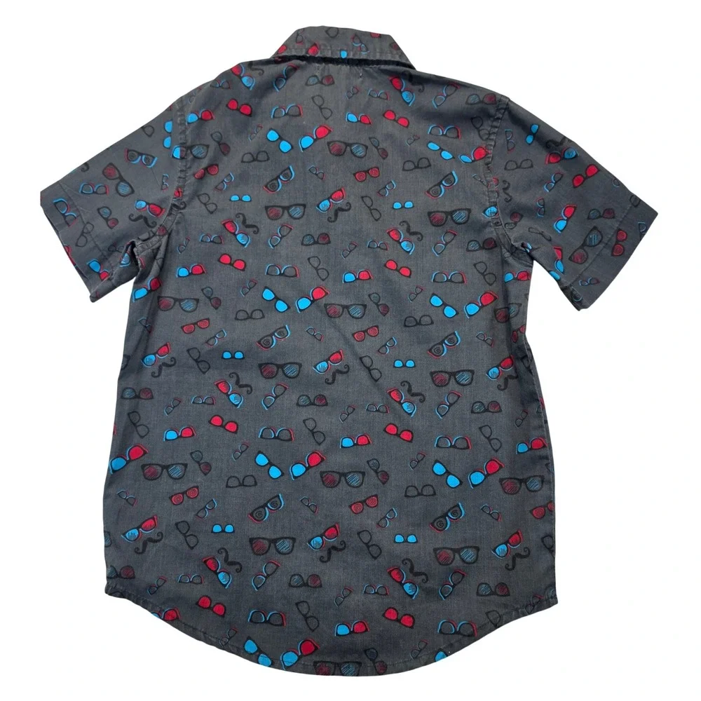 Old Navy Boys Gray Glasses Mustache Print Short Sleeve Button Down Shirt Size S